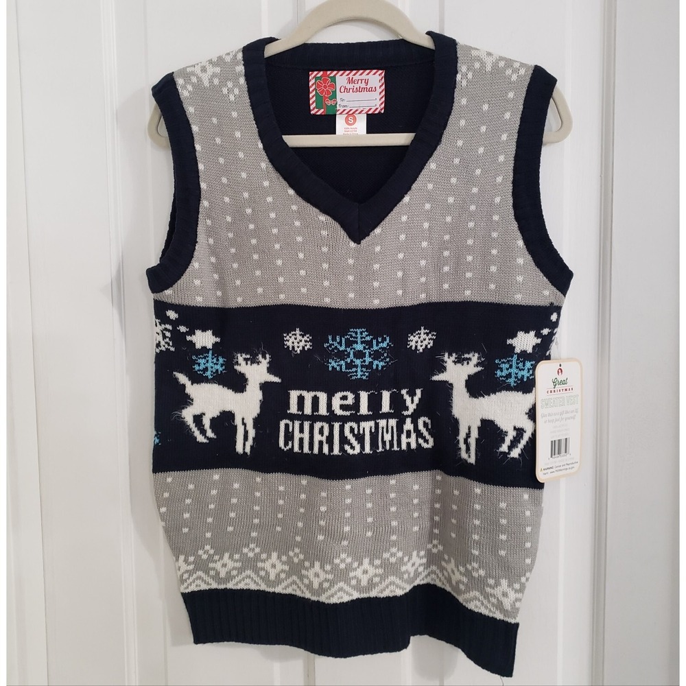 NWT Mens Unisex Holiday Sweater Vest SMALL Pullover Ugly Christmas Deer‎ Gray